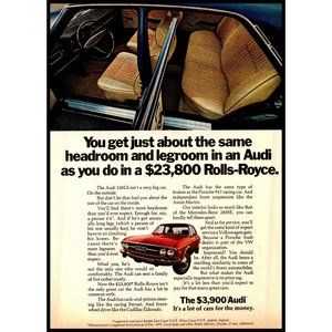 1972 Audi 100LS 4 Door Sports Sedan Vintage Print Ad vs Rolls Royce Wall Art